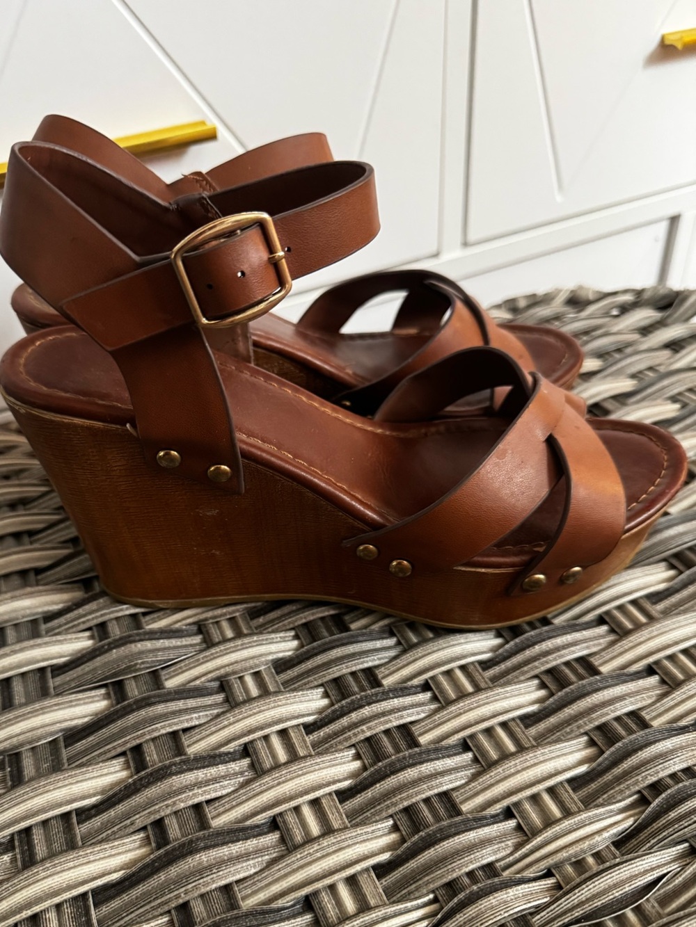 Brown Faux Wood Wedge Sandals with Ankle Strap 7.5